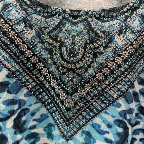 Chicos blue animal print top. Embellished neck. Size 2. Medium. - Picture 3 of 6